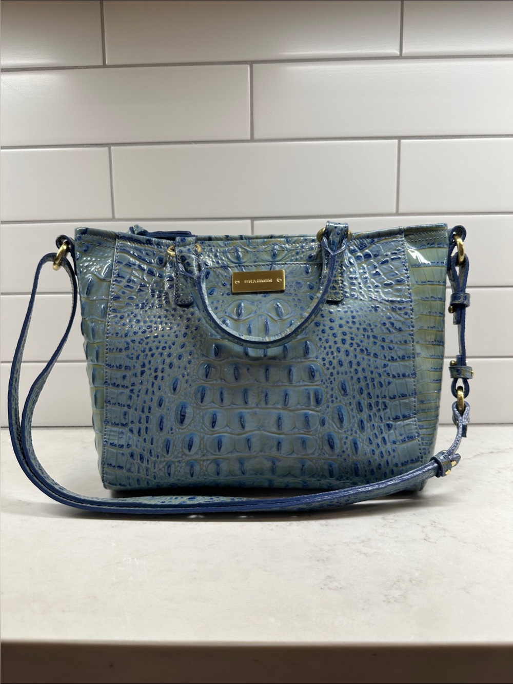 Blue Croc-Embossed Leather Satchel with Removable Strap